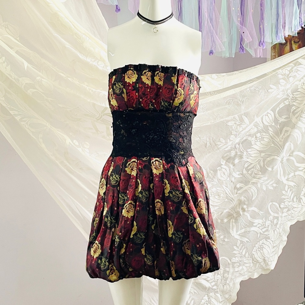 Bebe Y2k Floral Strapless Dress with Black Beaded Sequin